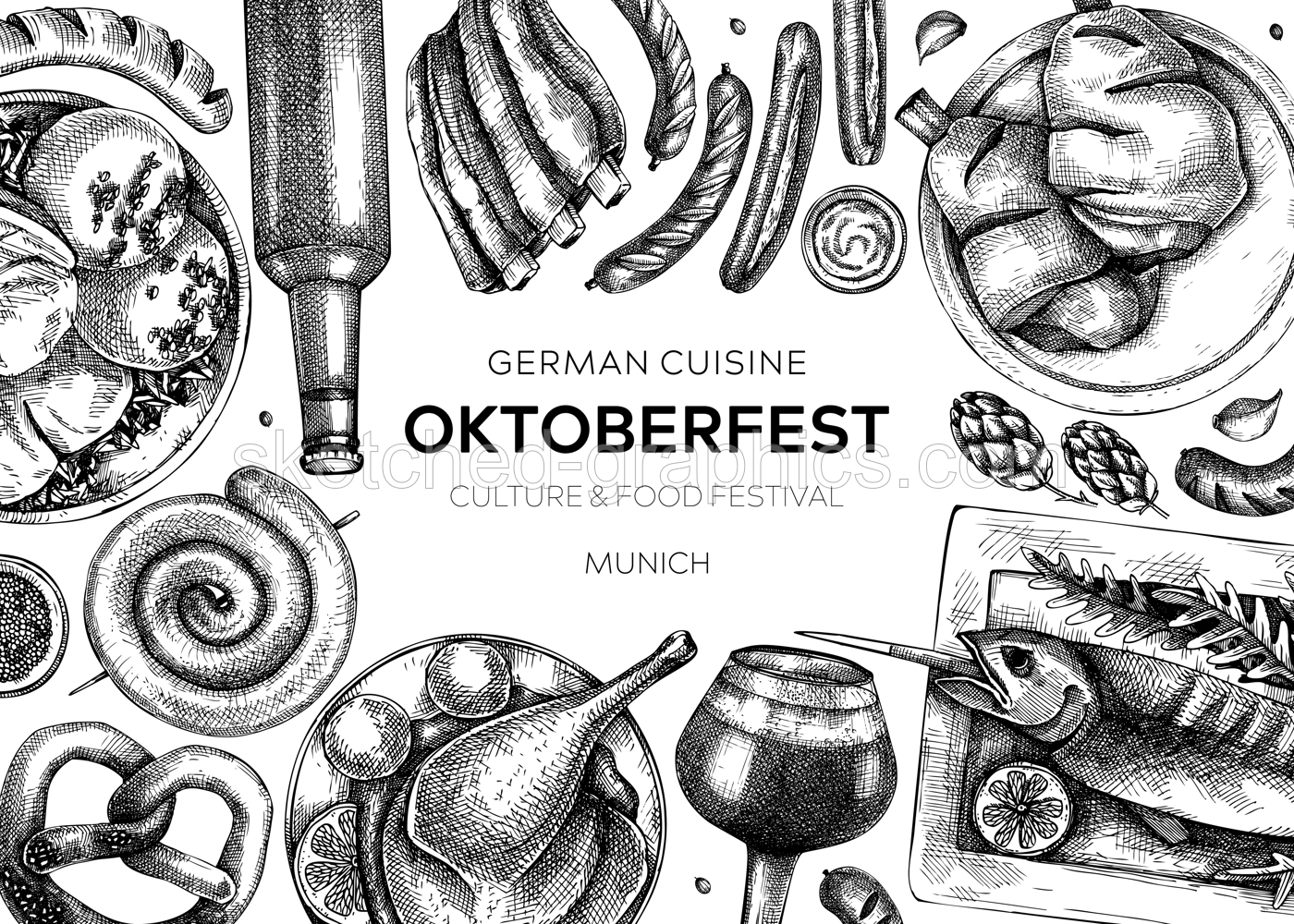 German food background. Oktoberfest menu design. Vector meat dishes sketches. German cuisine banner in vintage style. Traditional Food festival illustration. Black and white template Illustration